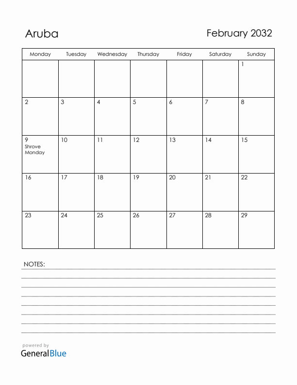 February 2032 Aruba Calendar with Holidays (Monday Start)