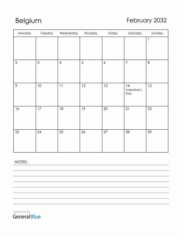 February 2032 Belgium Calendar with Holidays (Monday Start)