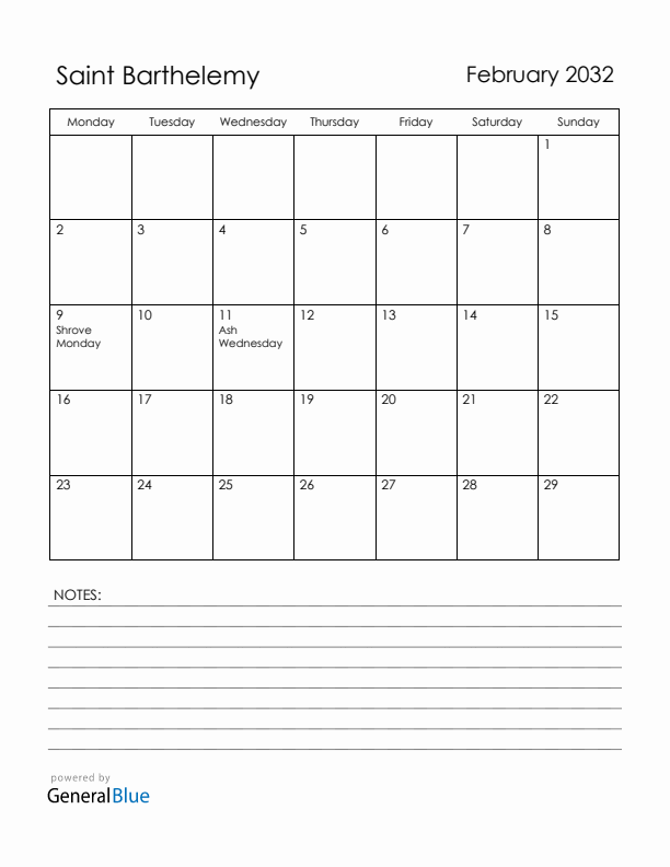 February 2032 Saint Barthelemy Calendar with Holidays (Monday Start)