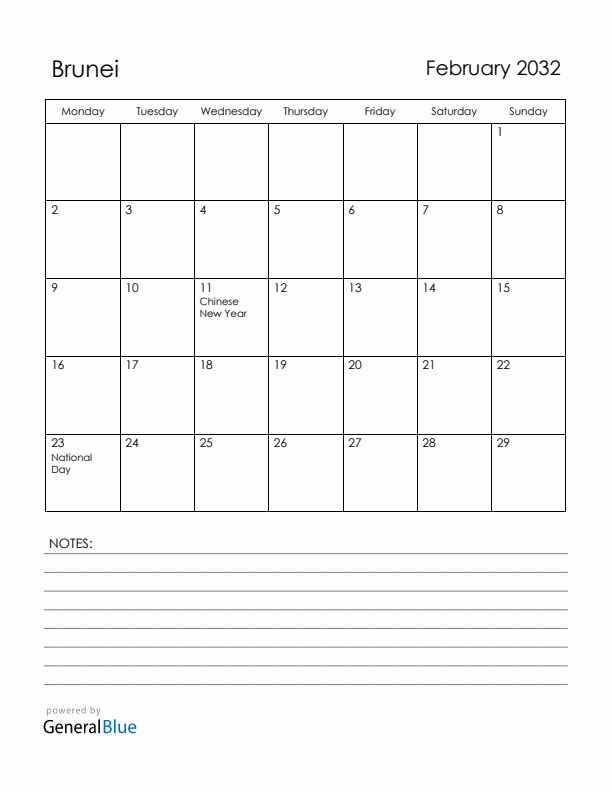 February 2032 Brunei Calendar with Holidays (Monday Start)