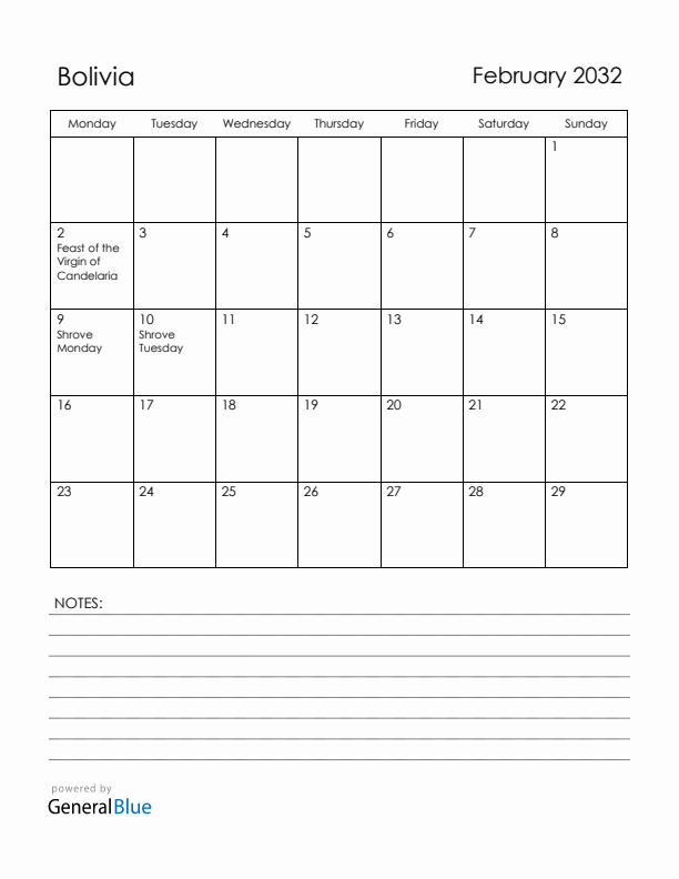 February 2032 Bolivia Calendar with Holidays (Monday Start)