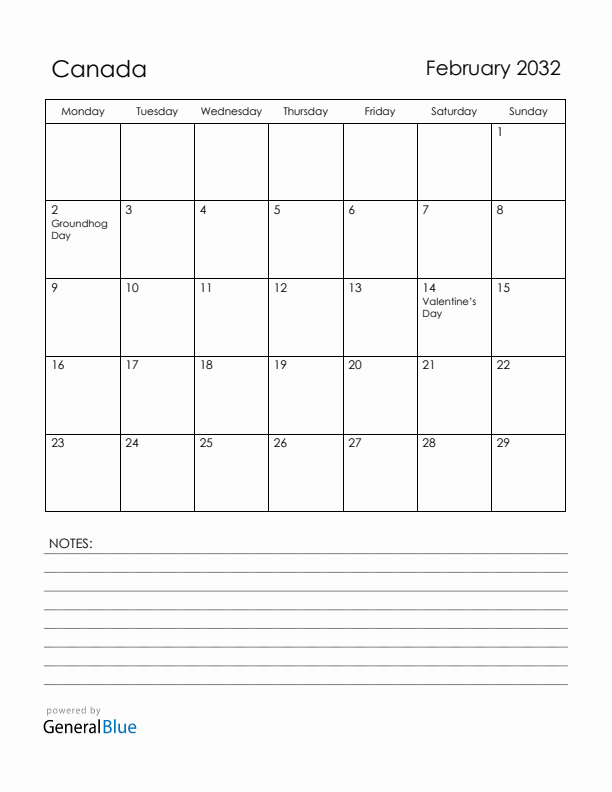 February 2032 Canada Calendar with Holidays (Monday Start)