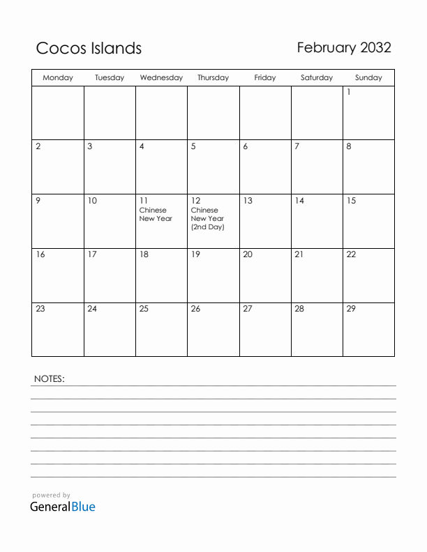 February 2032 Cocos Islands Calendar with Holidays (Monday Start)
