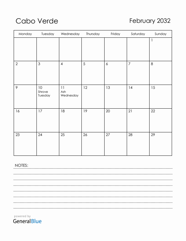 February 2032 Cabo Verde Calendar with Holidays (Monday Start)