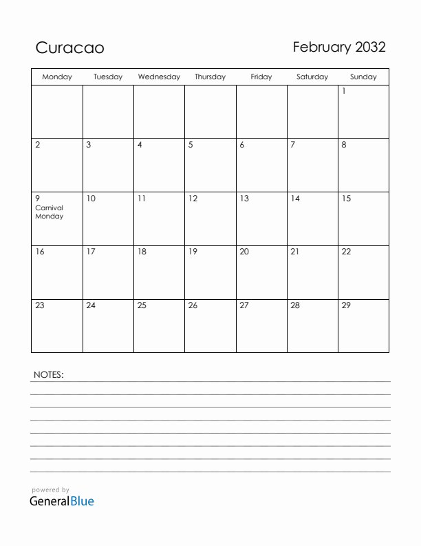 February 2032 Curacao Calendar with Holidays (Monday Start)