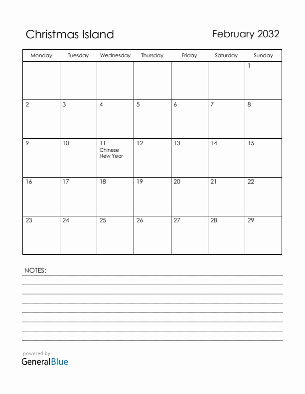 February 2032 Christmas Island Calendar with Holidays (Monday Start)