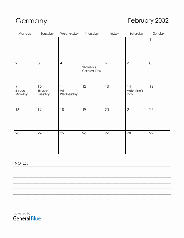 February 2032 Germany Calendar with Holidays (Monday Start)