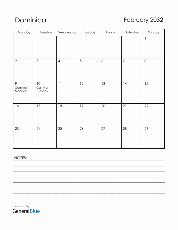 February 2032 Dominica Calendar with Holidays (Monday Start)