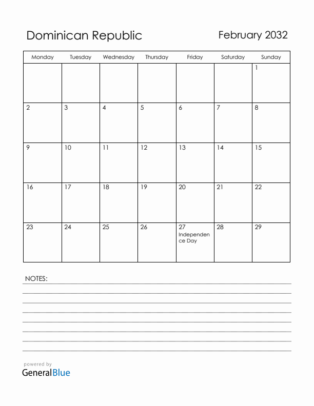 February 2032 Dominican Republic Calendar with Holidays (Monday Start)