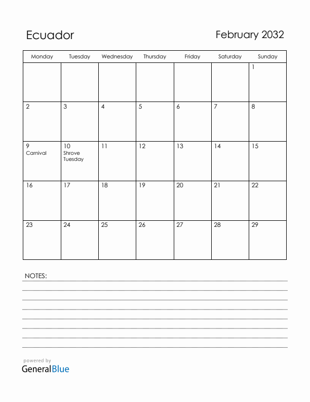 February 2032 Ecuador Calendar with Holidays (Monday Start)