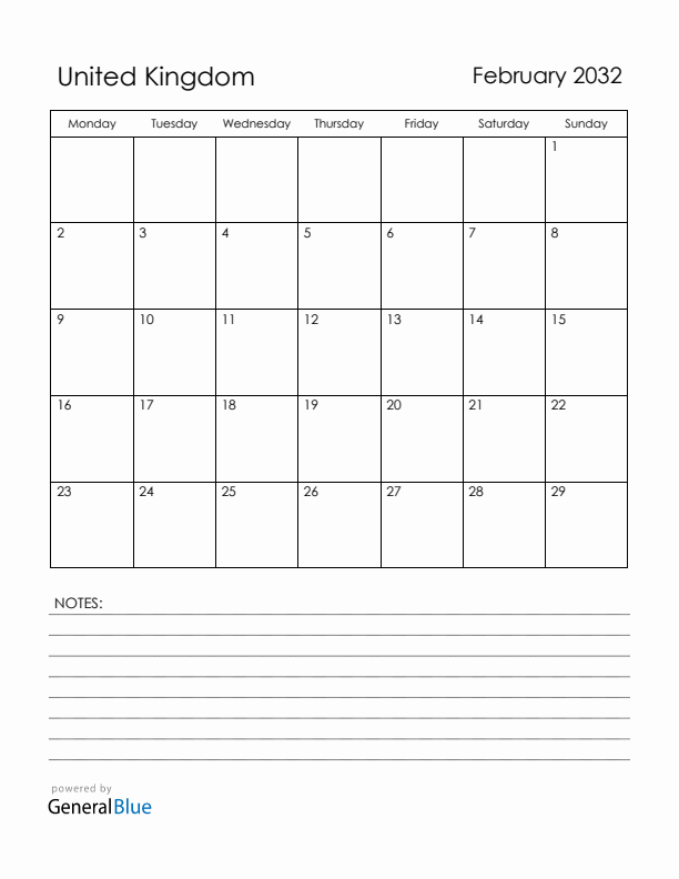 February 2032 United Kingdom Calendar with Holidays (Monday Start)