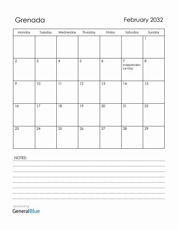 February 2032 Grenada Calendar with Holidays (Monday Start)