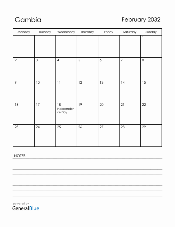 February 2032 Gambia Calendar with Holidays (Monday Start)