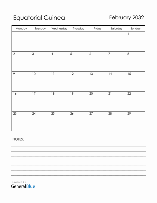 February 2032 Equatorial Guinea Calendar with Holidays (Monday Start)