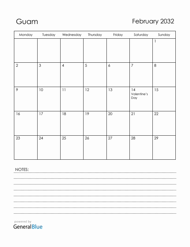February 2032 Guam Calendar with Holidays (Monday Start)