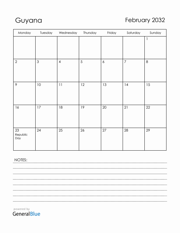 February 2032 Guyana Calendar with Holidays (Monday Start)