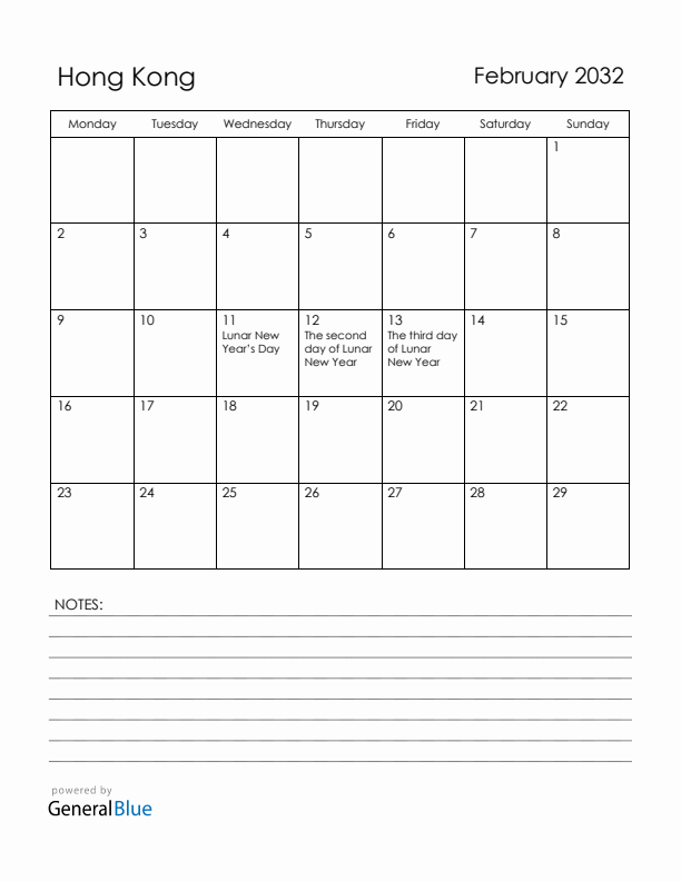February 2032 Hong Kong Calendar with Holidays (Monday Start)