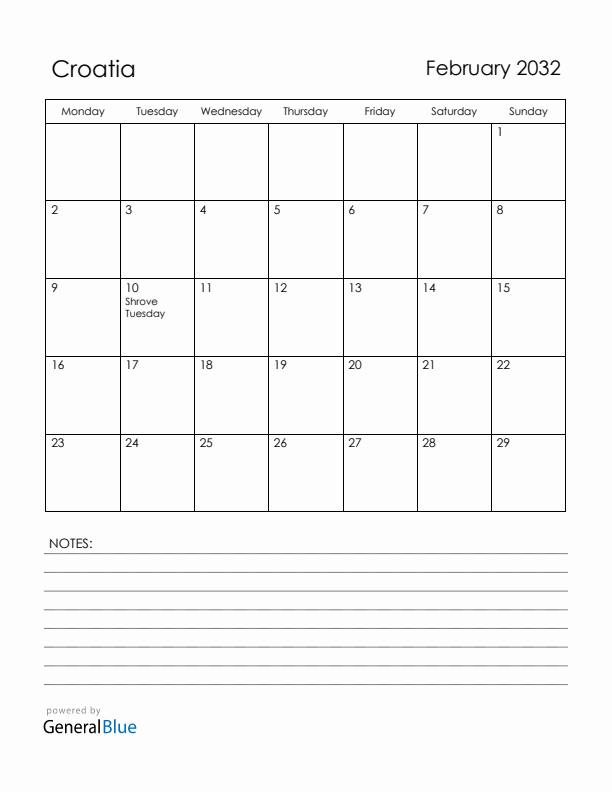 February 2032 Croatia Calendar with Holidays (Monday Start)