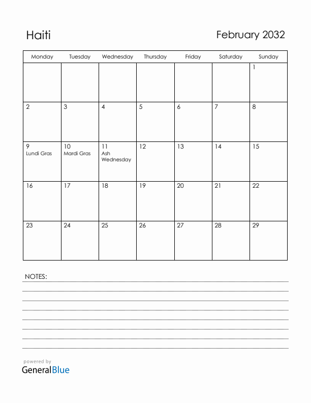 February 2032 Haiti Calendar with Holidays (Monday Start)