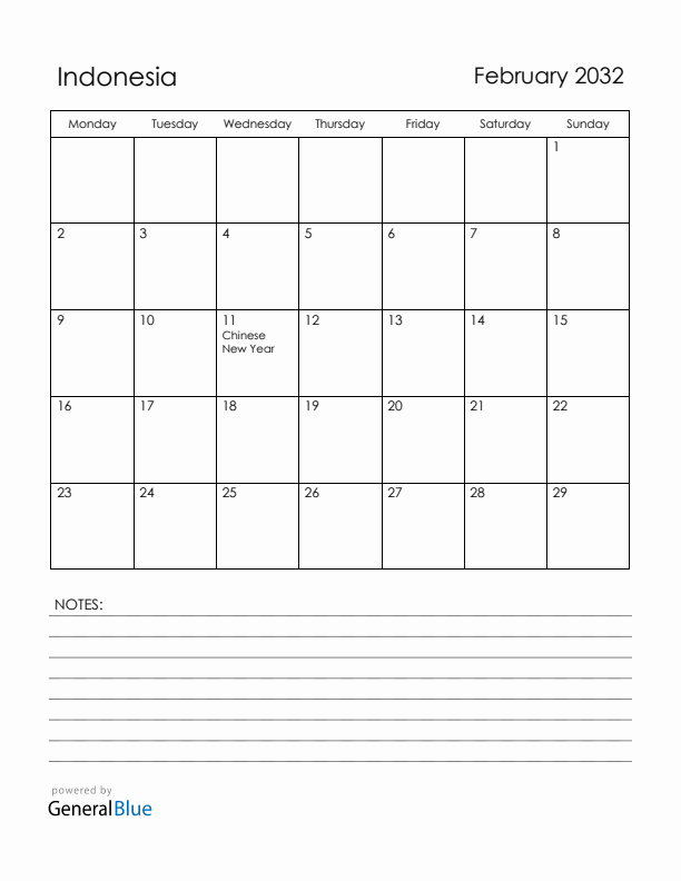 February 2032 Indonesia Calendar with Holidays (Monday Start)