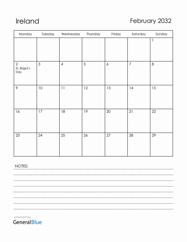 February 2032 Ireland Calendar with Holidays (Monday Start)