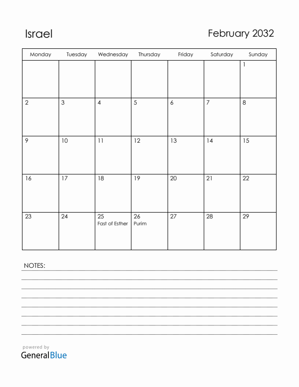 February 2032 Israel Calendar with Holidays (Monday Start)