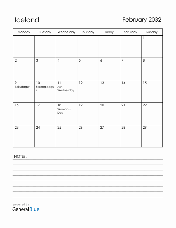 February 2032 Iceland Calendar with Holidays (Monday Start)