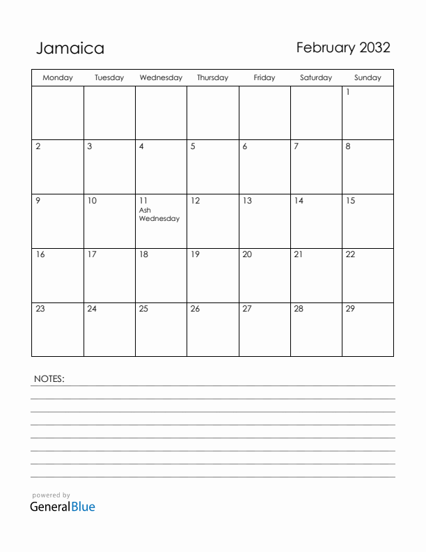 February 2032 Jamaica Calendar with Holidays (Monday Start)