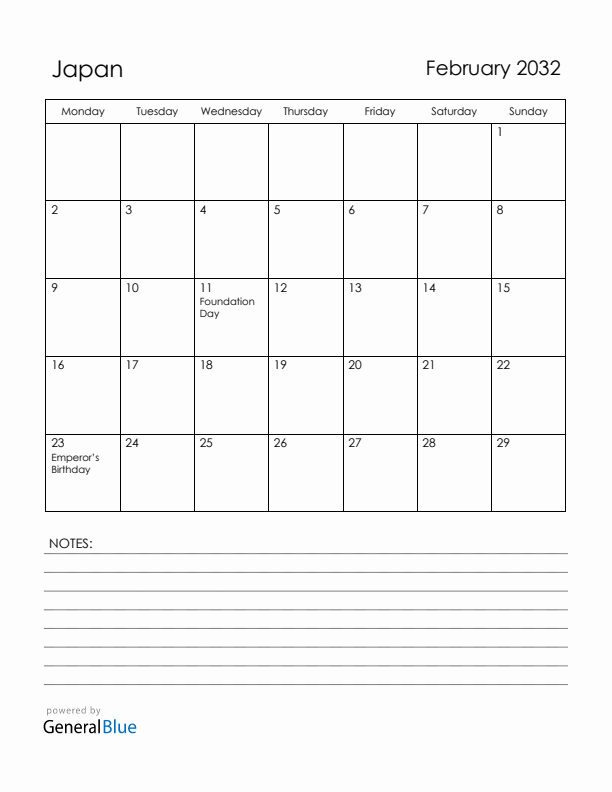 February 2032 Japan Calendar with Holidays (Monday Start)