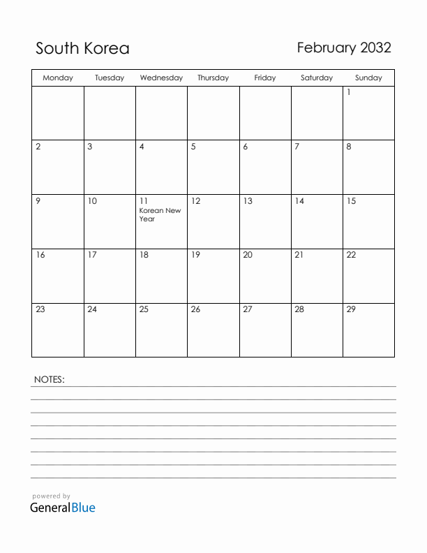 February 2032 South Korea Calendar with Holidays (Monday Start)