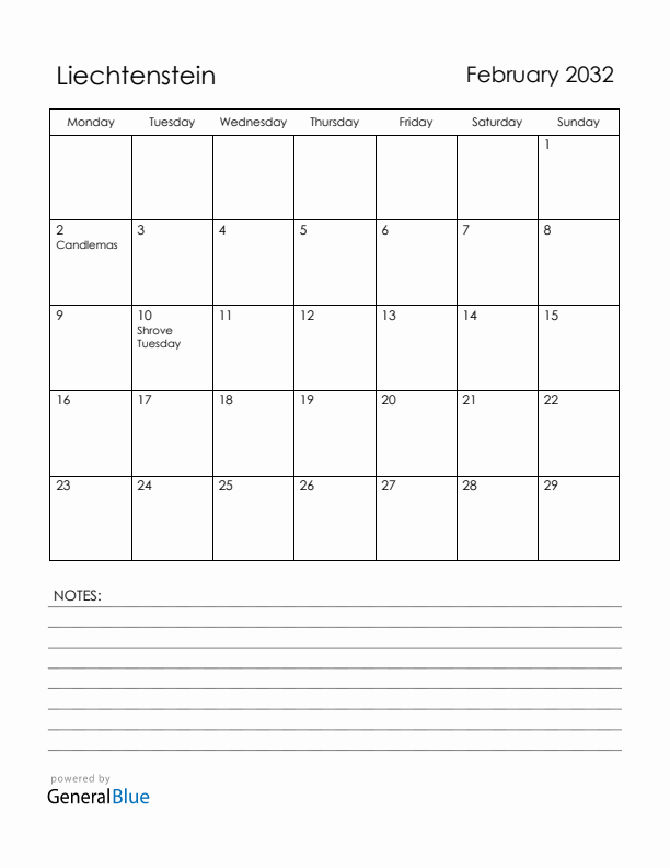 February 2032 Liechtenstein Calendar with Holidays (Monday Start)
