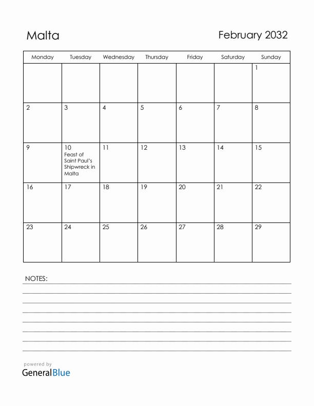 February 2032 Malta Calendar with Holidays (Monday Start)