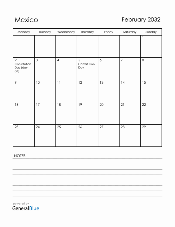 February 2032 Mexico Calendar with Holidays (Monday Start)