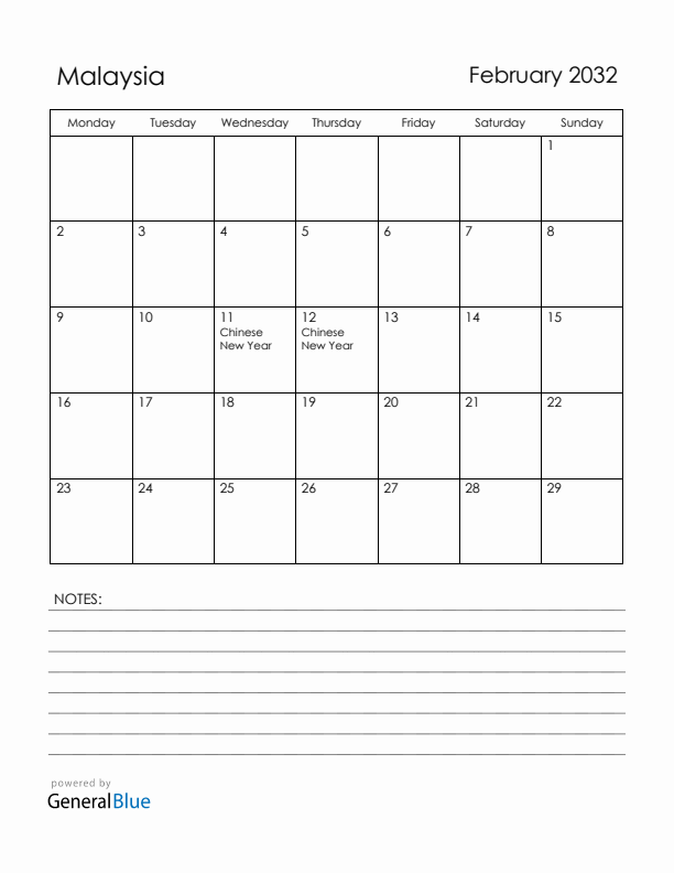 February 2032 Malaysia Calendar with Holidays (Monday Start)