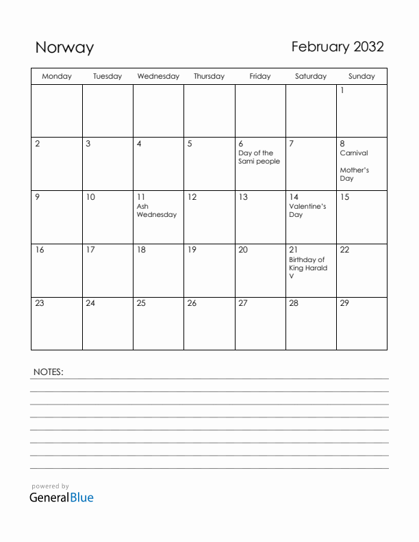February 2032 Norway Calendar with Holidays (Monday Start)