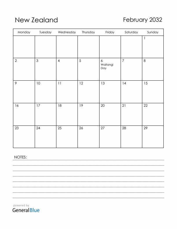 February 2032 New Zealand Calendar with Holidays (Monday Start)
