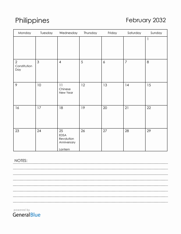 February 2032 Philippines Calendar with Holidays (Monday Start)