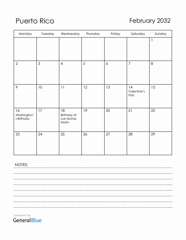 February 2032 Puerto Rico Calendar with Holidays (Monday Start)