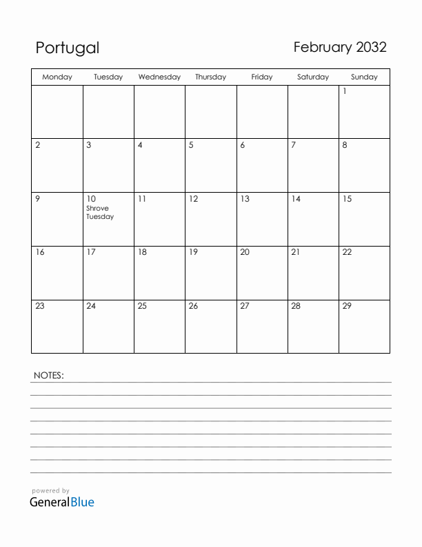 February 2032 Portugal Calendar with Holidays (Monday Start)