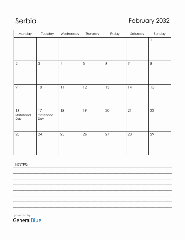 February 2032 Serbia Calendar with Holidays (Monday Start)