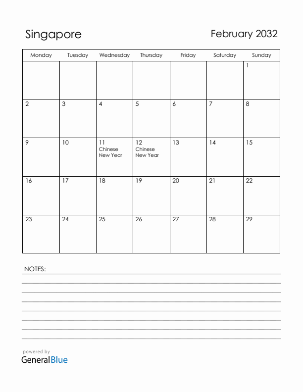 February 2032 Singapore Calendar with Holidays (Monday Start)
