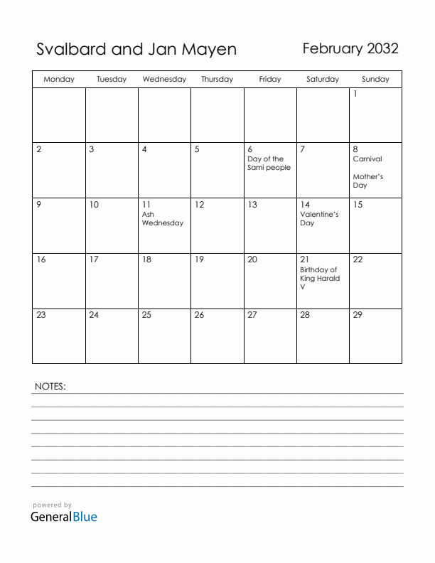 February 2032 Svalbard and Jan Mayen Calendar with Holidays (Monday Start)