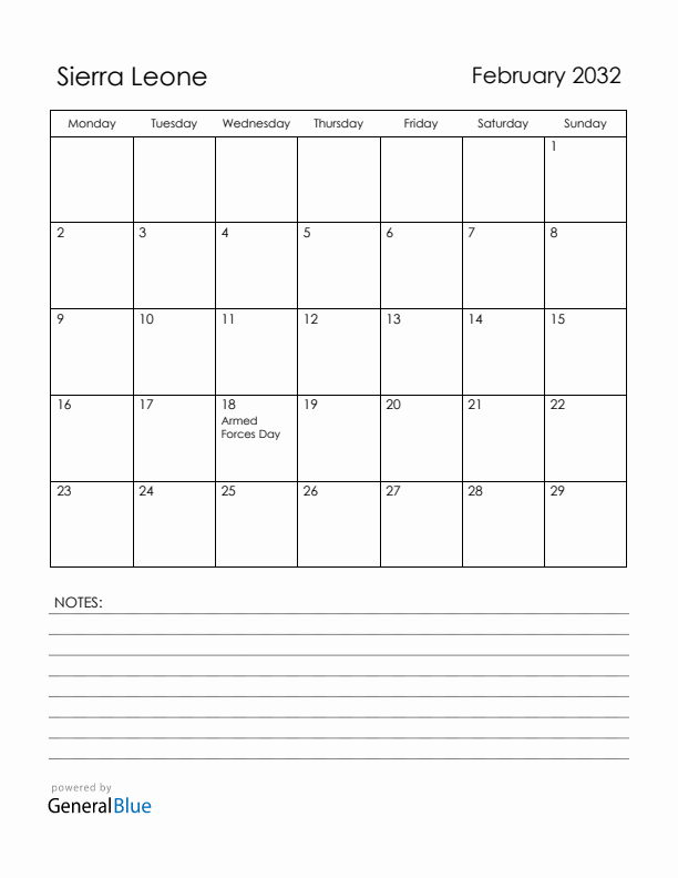 February 2032 Sierra Leone Calendar with Holidays (Monday Start)