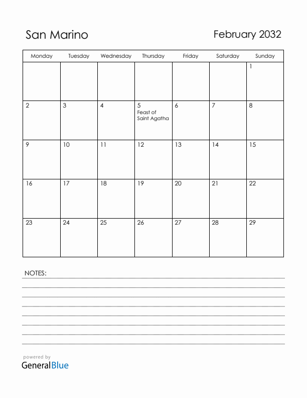 February 2032 San Marino Calendar with Holidays (Monday Start)
