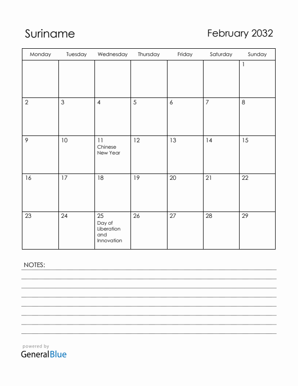 February 2032 Suriname Calendar with Holidays (Monday Start)