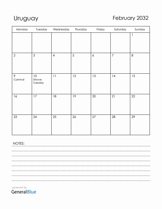 February 2032 Uruguay Calendar with Holidays (Monday Start)