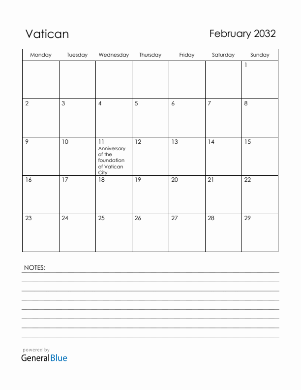 February 2032 Vatican Calendar with Holidays (Monday Start)
