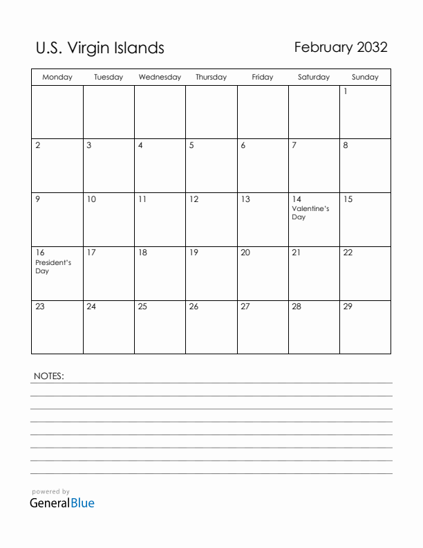 February 2032 U.S. Virgin Islands Calendar with Holidays (Monday Start)