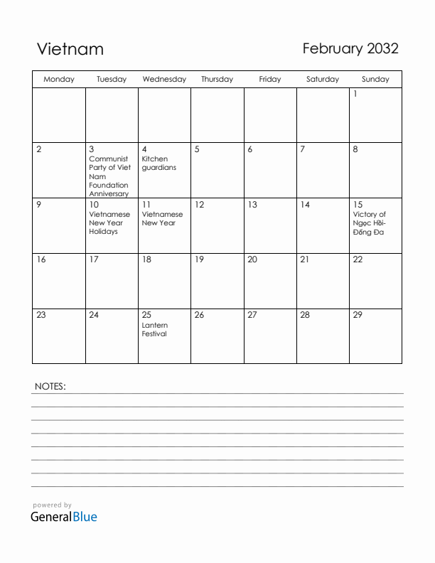 February 2032 Vietnam Calendar with Holidays (Monday Start)