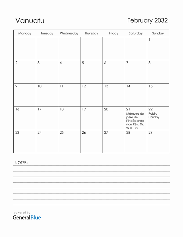 February 2032 Vanuatu Calendar with Holidays (Monday Start)
